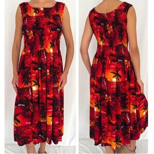 90s vintage red Hawaiian print beach vacation stretchy rayon cover up maxi dress